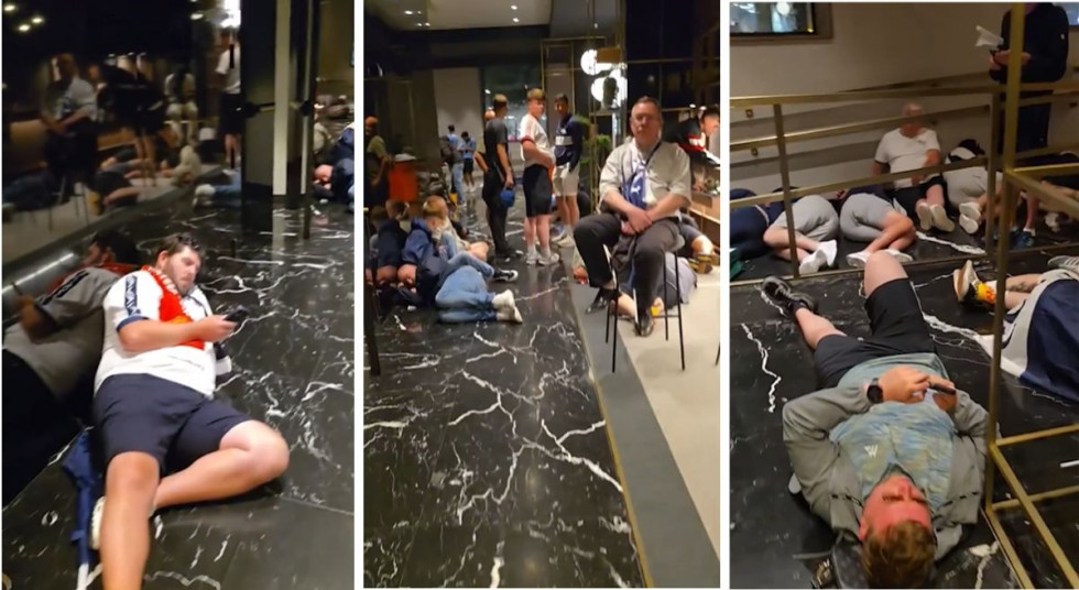 Ingleses durmiendo en la recepción de un hotel, bilbao